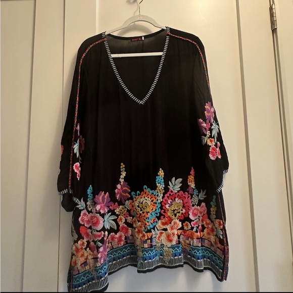 Johnny Was Tops - Johnny Was Black Tunic with Colorful Floral Embroidery